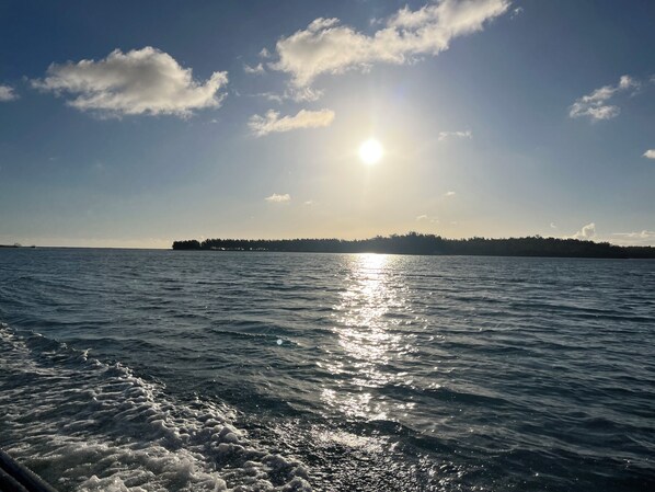 A body of water with sunlight reflecting off the surface.