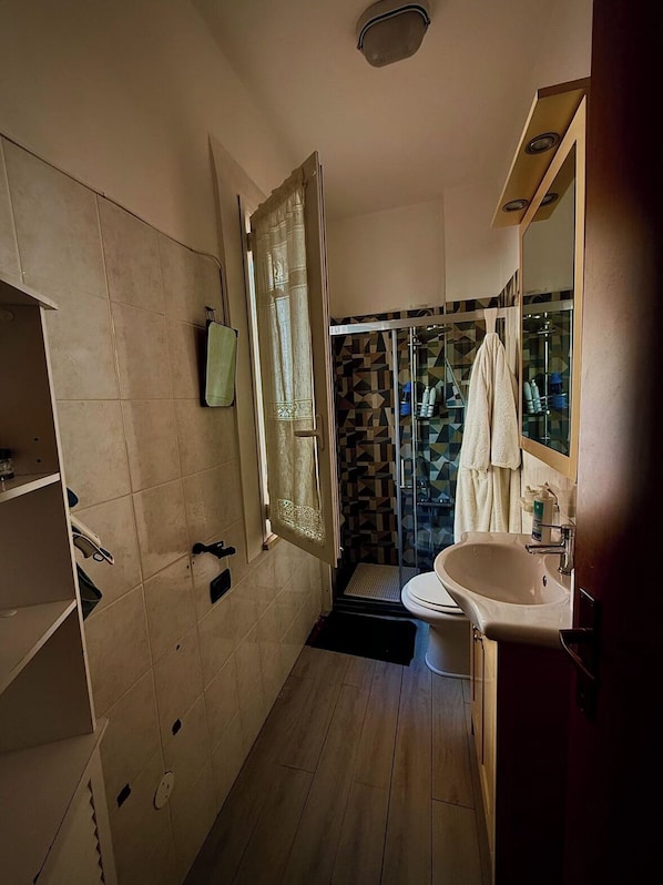 Hair dryer, towels, soap, toilet paper