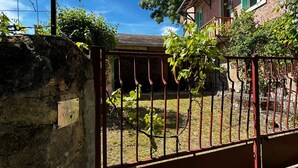 A rustic house with a stone wall, a metal gate, and a garden with grapevines. - Renovated House with Garden and WIFI in La Roche-Posay (La Roche-Posay)