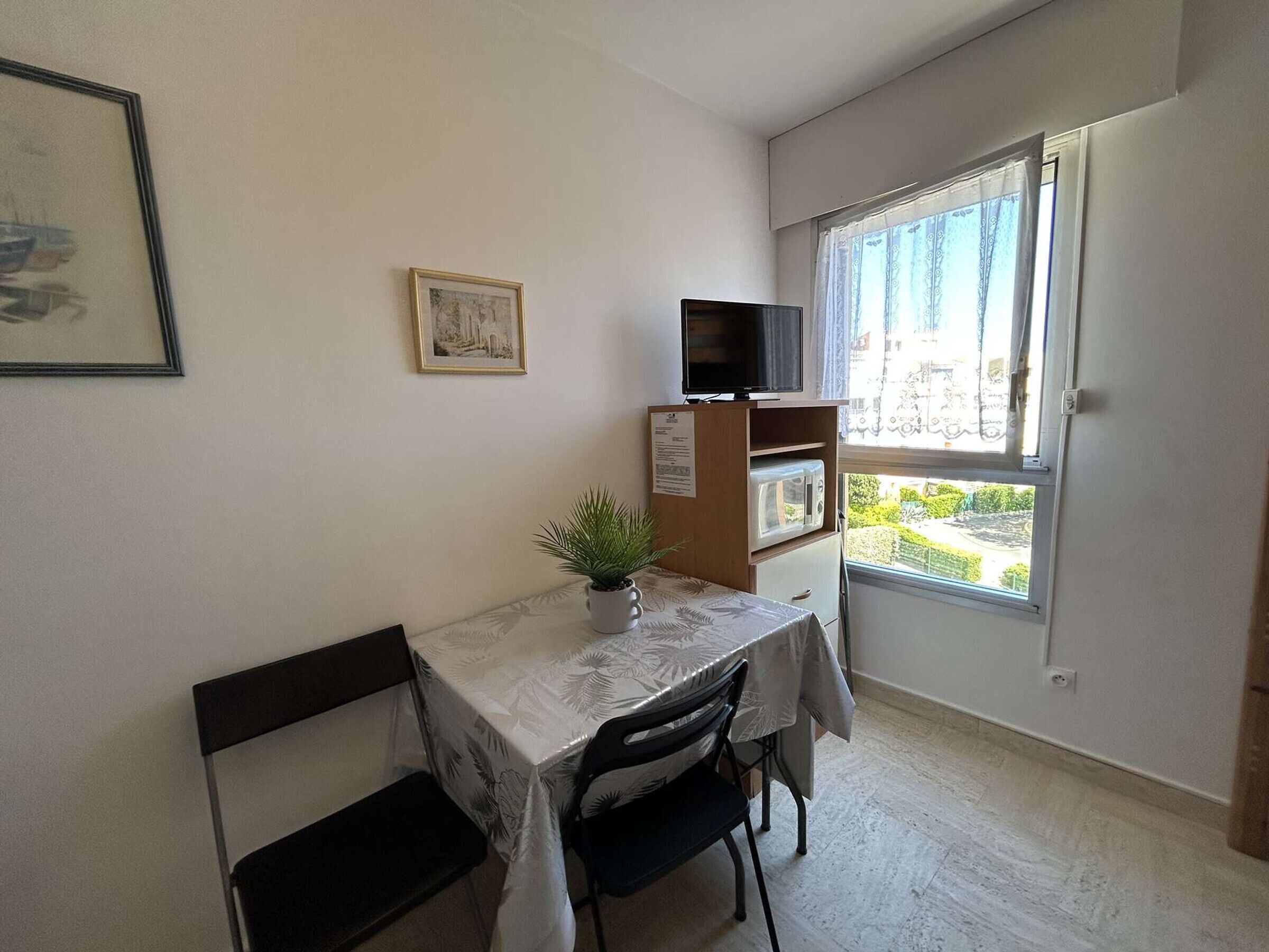 A small dining area with a table, chairs, a potted plant, a microwave, and a TV on a shelf.