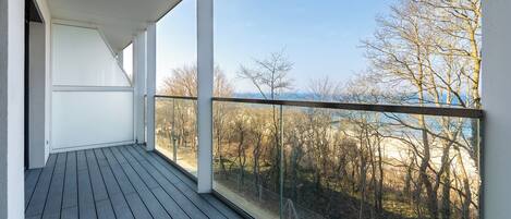 A balcony with a wooden floor and a glass railing overlooking a forested area.
