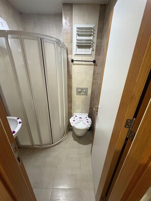 Ein Badezimmer mit Toilette, Dusche und Waschbecken.
