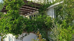 Een wit gebouw met een houten pergola, een stenen muur en een houten hek.