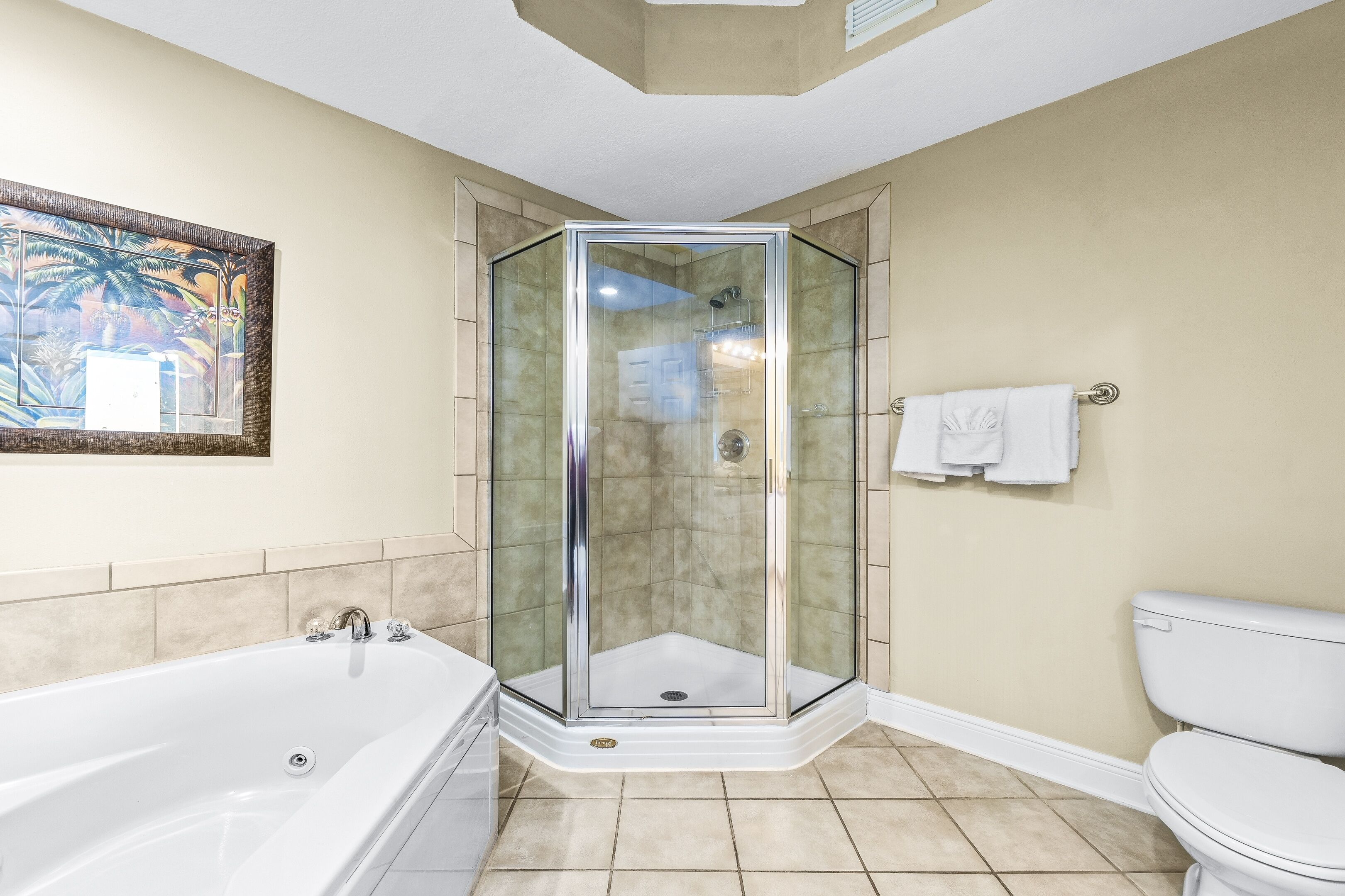 Ein Badezimmer mit Duschkabine, Badewanne und Toilette.