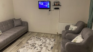 Un salón con un sofá gris, dos sillones, una alfombra estampada, un televisor en la pared y un radiador.