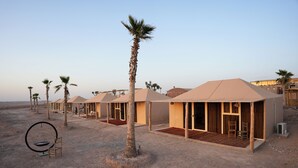 A desert resort with multiple palm tree-lined walkways and simple, beige-roofed structures. - Agafay Tenere Luxury Camp (Agafay)