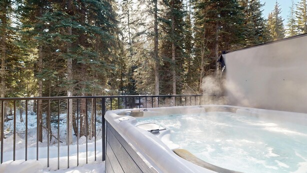 Un jacuzzi rodeado de nieve y altos árboles de hoja perenne.