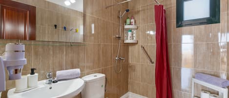 Een badkamer met een wastafel, toilet, douche en spiegel.