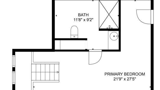 A floor plan of a bedroom with dimensions 21'9" x 27'5", a bathroom measuring 11'8" x 9'2", and a primary bedroom layout.
