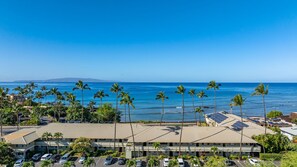 A hotel with a parking lot, a view of the ocean, and palm trees.