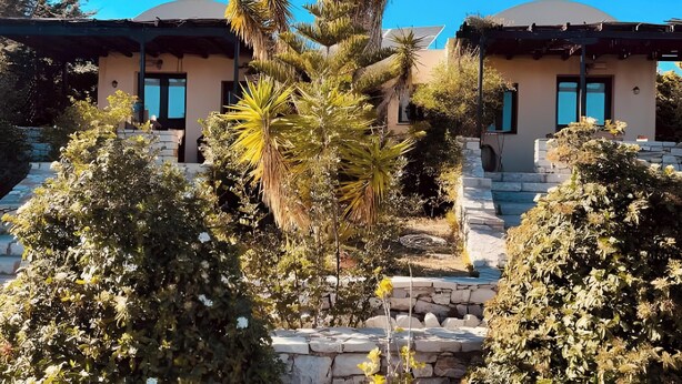 Un edificio con una zona esterna coperta, gradini in pietra e vegetazione tropicale.