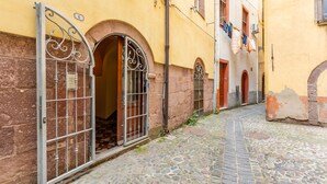 A cobblestone street with a yellow building, a metal gate, and an open door.