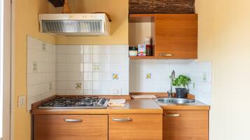 Køleskab, kogeplade, kaffe-/temaskine, elkedel