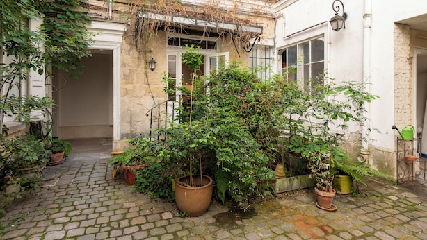A courtyard with cobblestone flooring, potted plants, and a building entrance with a door and windows.