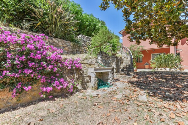 A stone wall with pink flowers, a stone bench, and a garden area with various plants and a building in the background.