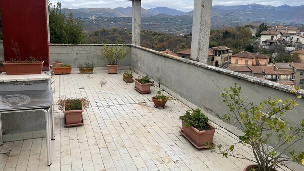Une terrasse sur le toit, agrémentée de plantes en pot et offrant une vue sur un paysage montagneux.