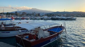 Un puerto deportivo con barcos amarrados, montañas al fondo y un pueblo a lo lejos.
