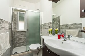 Chuveiro, secador de cabelo, toalhas de banho 