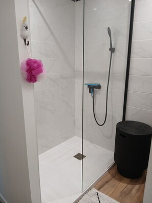 Chuveiro, secador de cabelo, toalhas de banho 