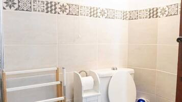 Un baño con inodoro, secamanos, toallero y cabezal de ducha.