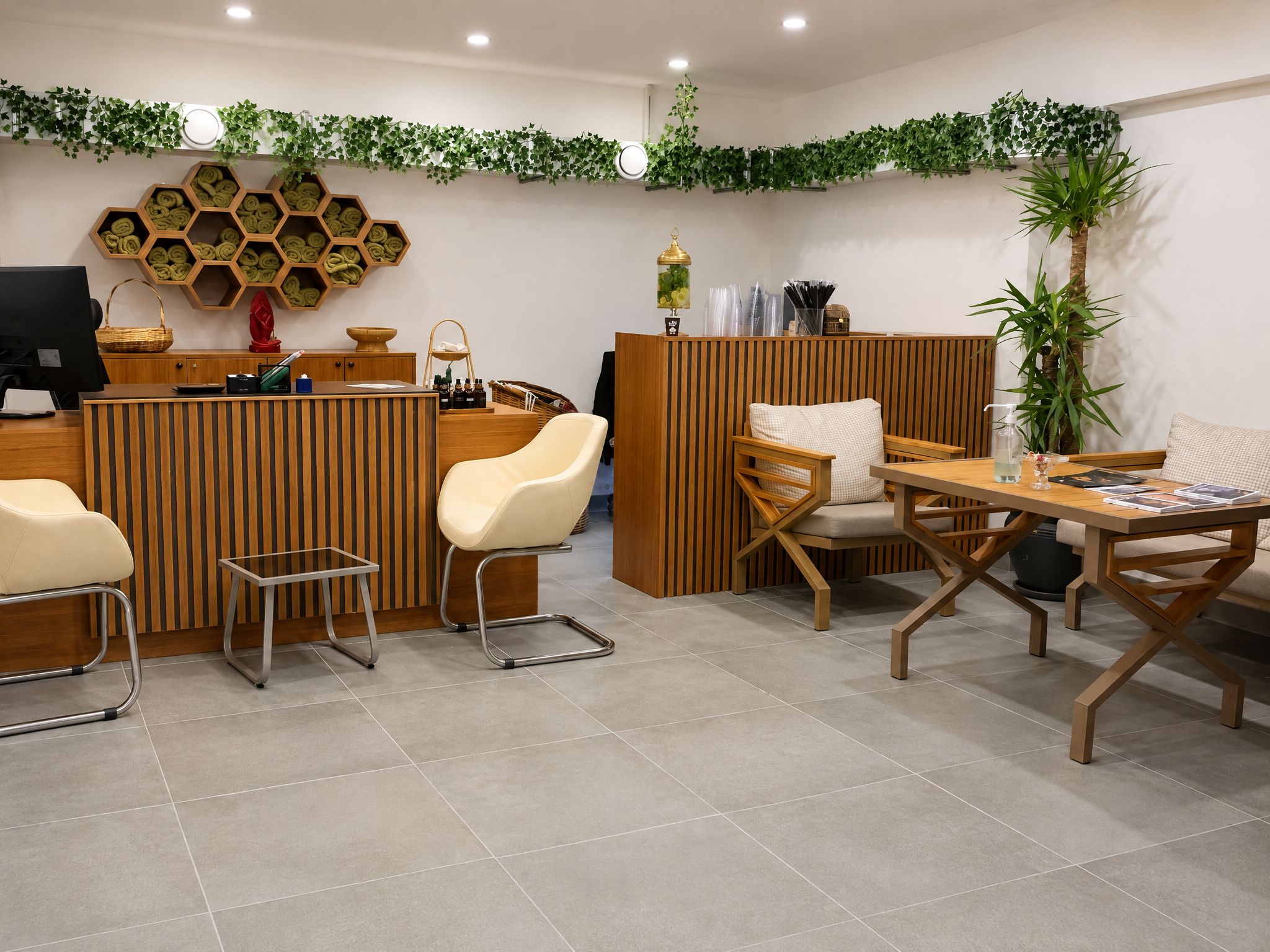 Zona de recepción con un escritorio de madera, dos sillones acolchados, una mesita y una planta decorativa.