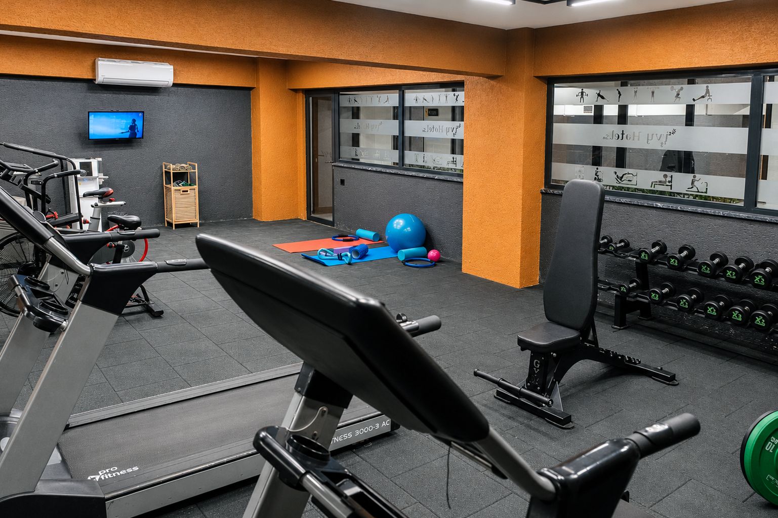 A gym with exercise equipment, a television, and a window with exercise illustrations.
