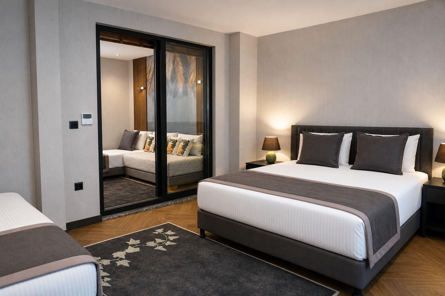 A hotel room with a large bed, a separate seating area with a sofa, a small table with a lamp, and a mirror with a decorative panel.