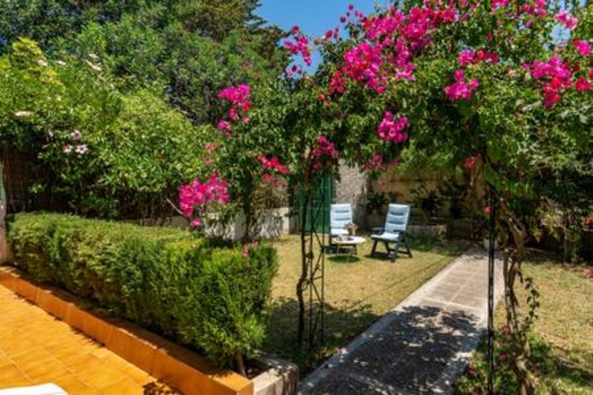 Ein Garten mit gepflastertem Weg, einer Bank und einem Tisch.