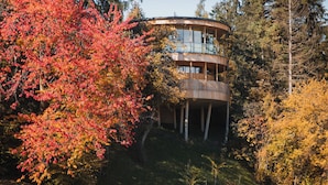 A modern, multi-level wooden structure surrounded by trees with autumn foliage. - Hotel Der Waldhof in Völlan (Lana)