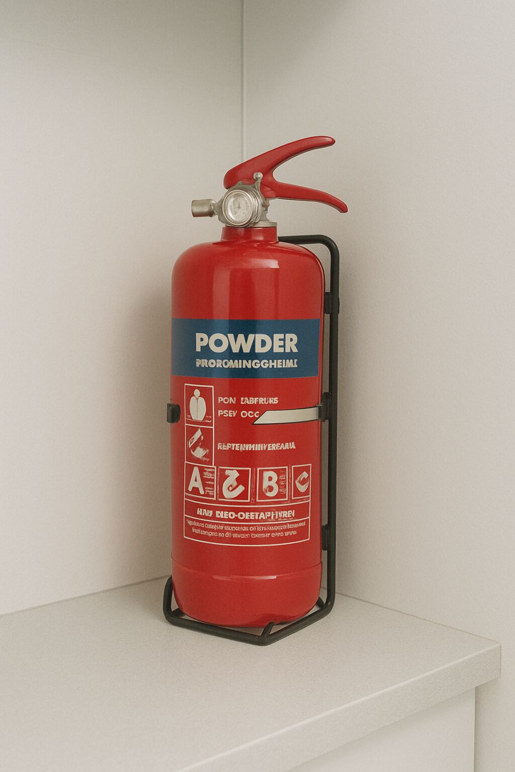 A red fire extinguisher with a pressure gauge and a red handle, labeled 'POWDER PROROMINGHEIMI' on a white shelf.