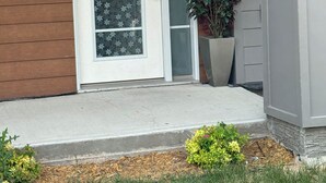 A front door with a glass panel, a potted plant, and a mailbox.