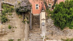 Una escala de pedra que mena a un edifici amb façana rosa, envoltat de vegetació i una paret de pedra.