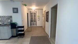 Un couloir avec un coin cuisine sur la gauche, un tapis au centre et une porte au fond.