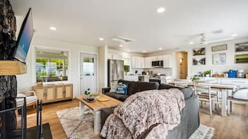 Smart TV, fireplace, DVD player, books