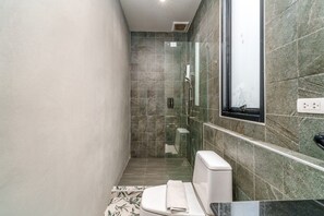 Shower, hair dryer, bidet, towels