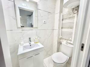 Hair dryer, towels, soap, toilet paper