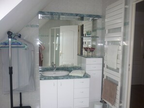 Shower, towels, toilet paper