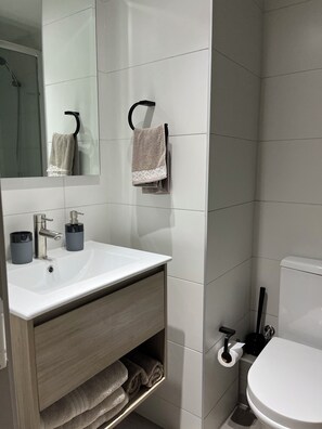 Hair dryer, towels, soap, toilet paper