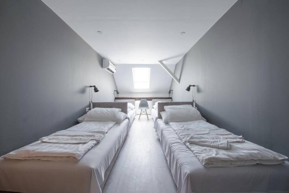 A modern, minimalist bedroom with two single beds, a skylight, and a central seating area.