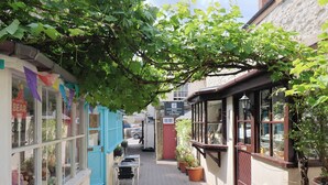 A narrow alley with shops, including a bear-themed shop and a café. - Drake's Hideaway (Lyme Regis)