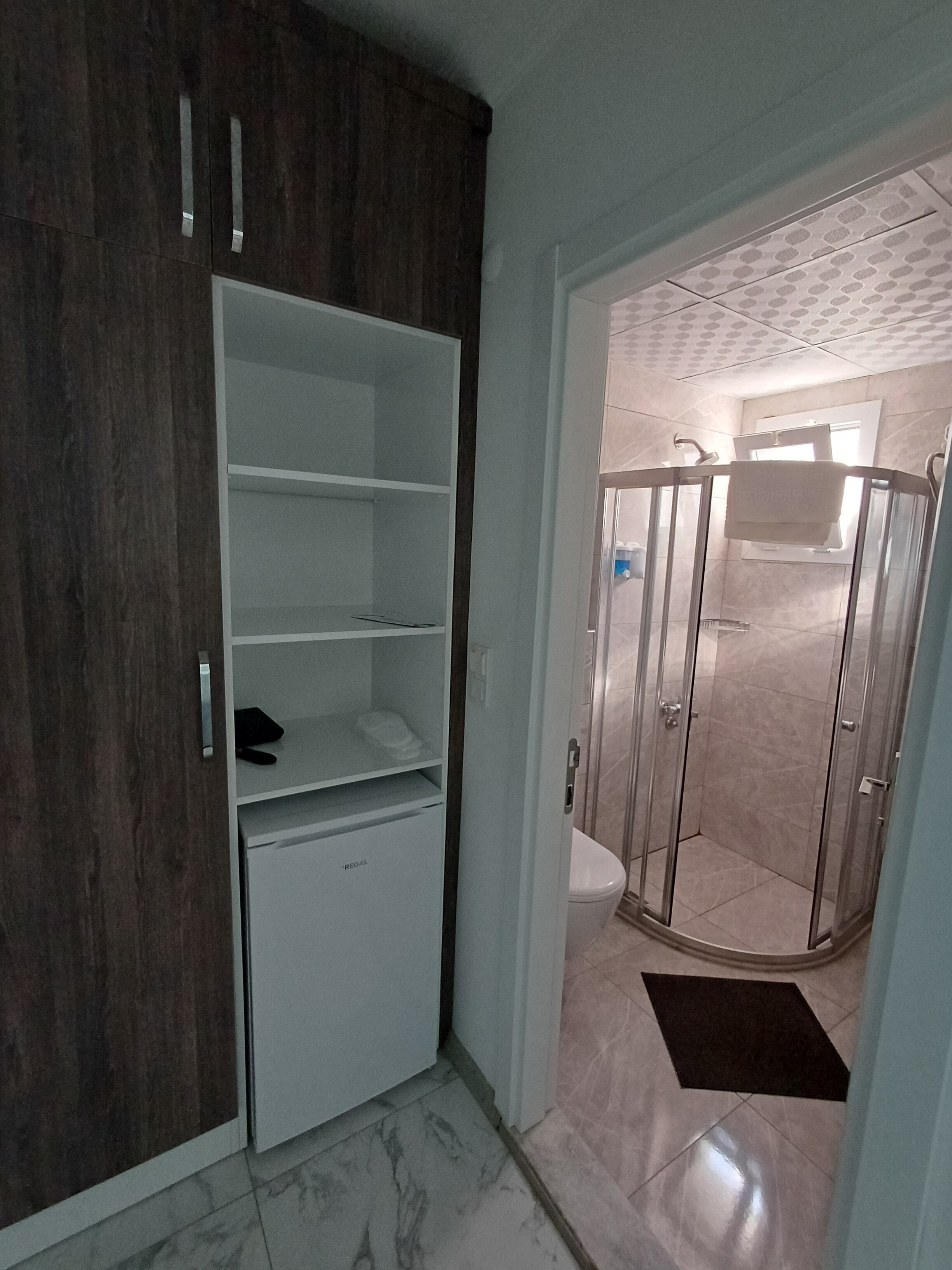 A bathroom with a shower, a toilet, and a cabinet with shelves.
