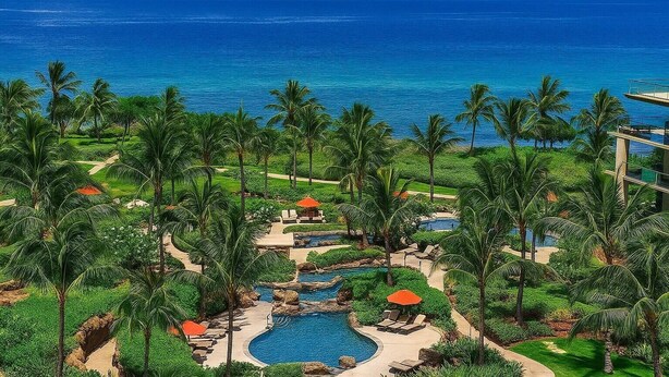 A resort with a pool, palm trees, and a view of the ocean.