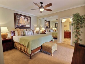Golden light, soft linens, and a breeze through open doors—this room is made for slow mornings and easy nights     KGV-19P3 - Kapalua Golf | Golf View 4 BR, Sleeps 12 | Car Incl. w/ 6+ Nights | KGV ML-1127 by KBM (Lahaina)