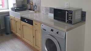 A compact kitchen with a dishwasher, washing machine, and microwave.
