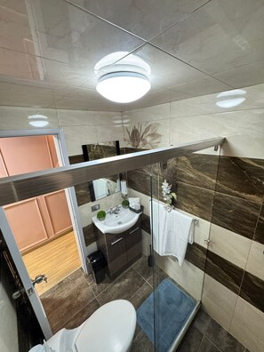 Hair dryer, towels, soap, shampoo