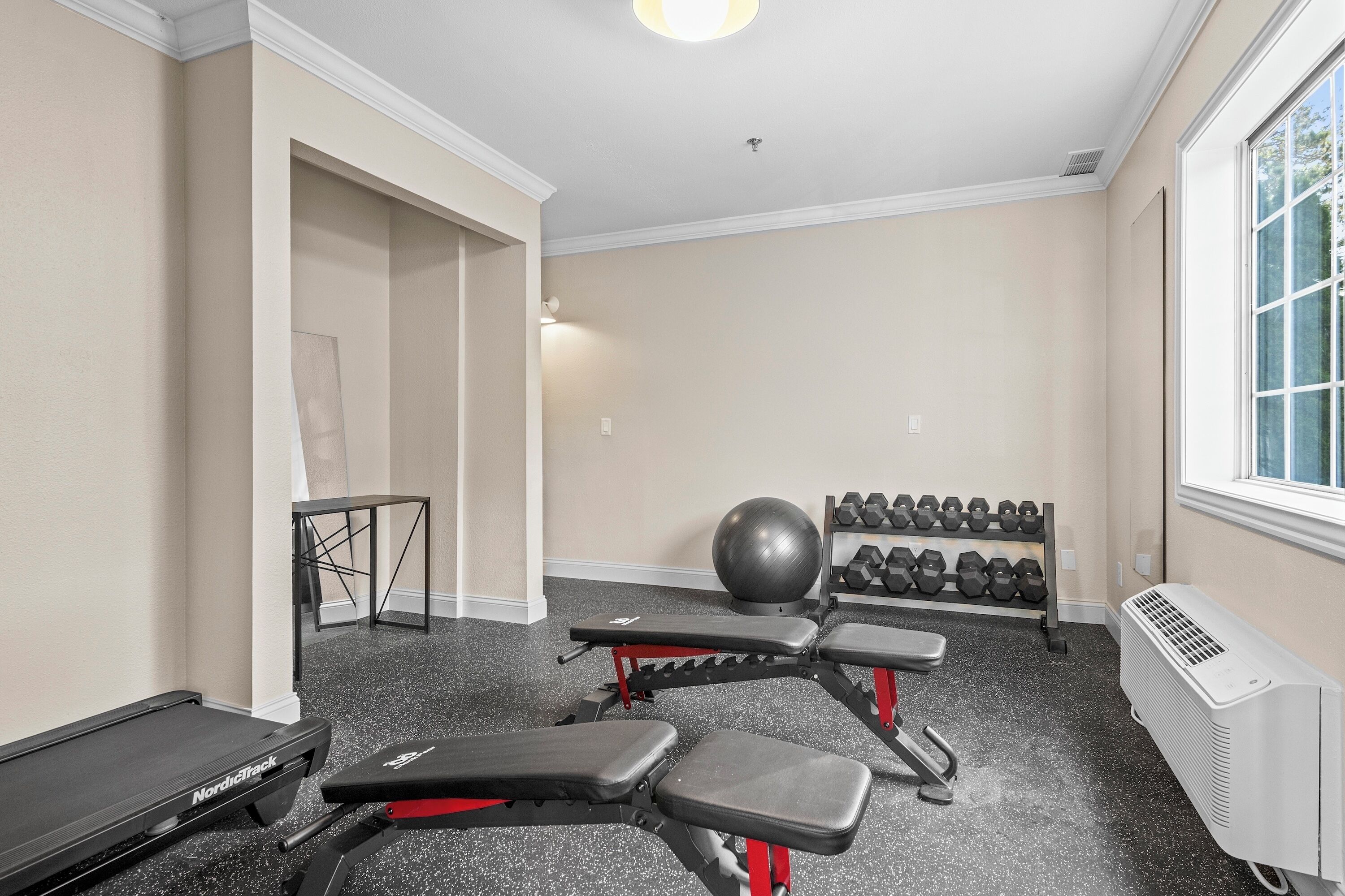 A gym with treadmills, benches, a ball, and dumbbells.