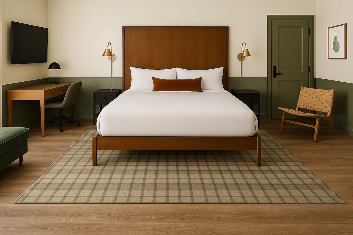 Ein ordentlich eingerichtetes Hotelzimmer mit einem großen Bett, einem Schreibtisch, einem Sessel und einem an der Wand befestigten Fernseher.