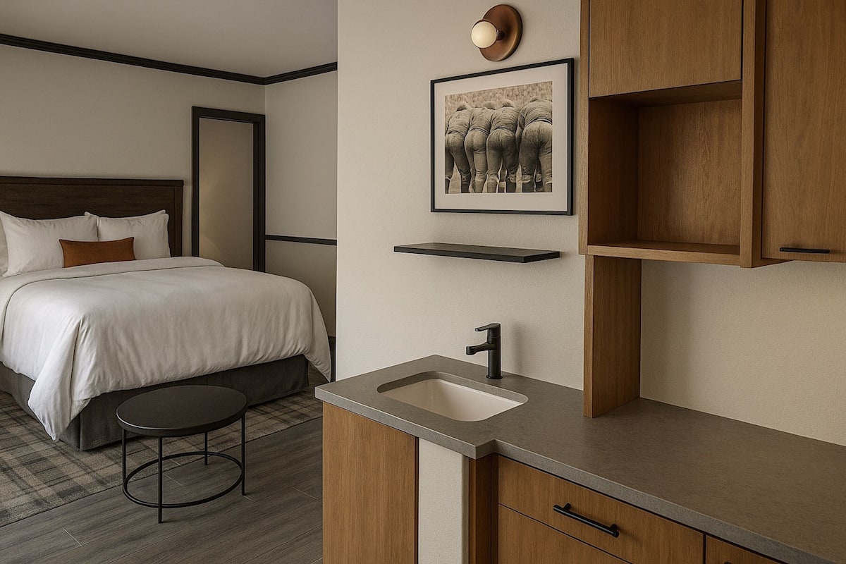 Ein Hotelzimmer mit Bett, rundem Tisch, Waschbecken und Schrank.