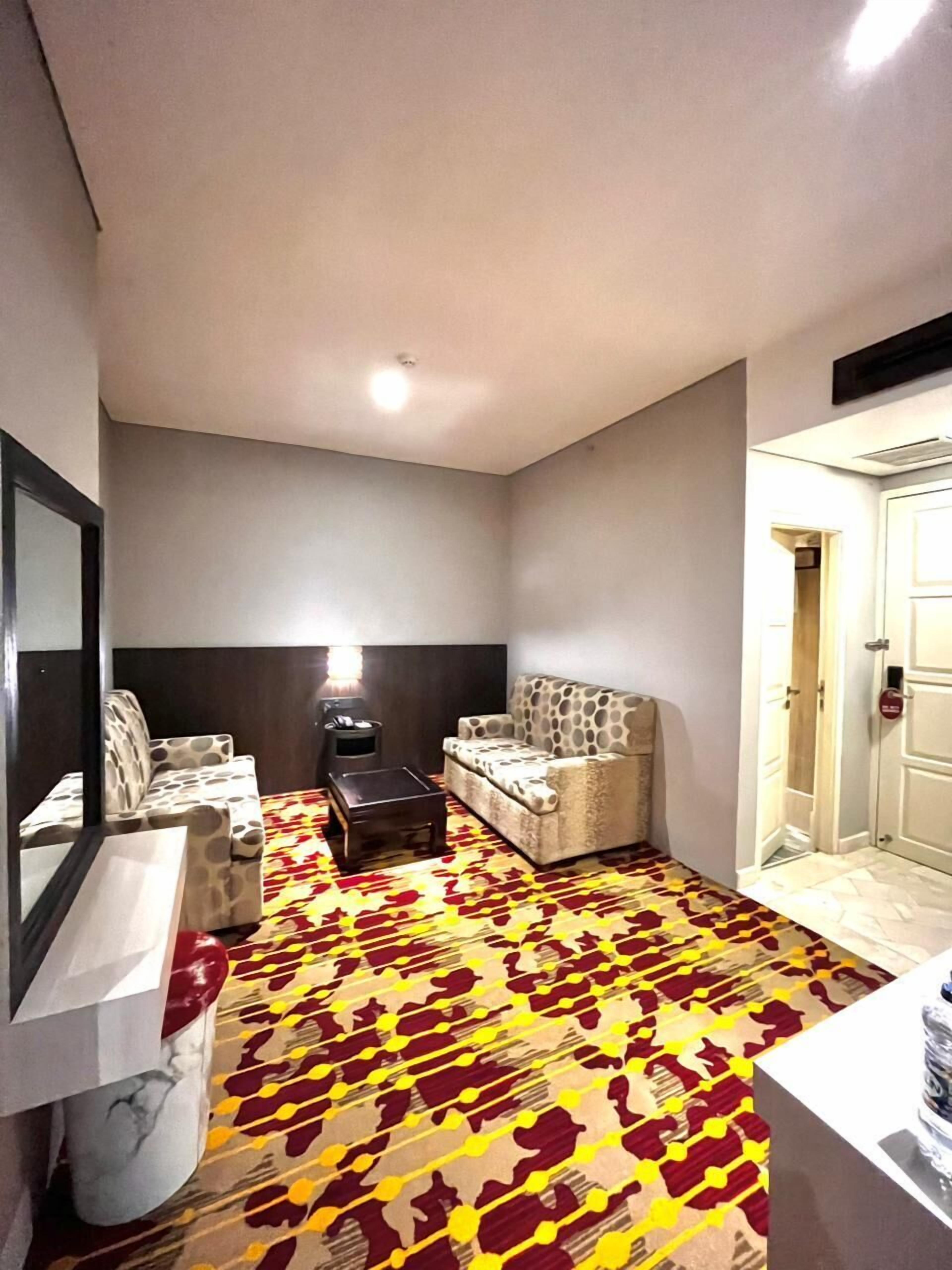 Una habitación con alfombra estampada, dos sofás, una mesa de centro, un espejo y una puerta.
