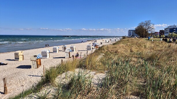 A beach with rows of beach huts numbered 97, 191, and 15. - Meerzeit apartment with terrace & parking space (Scharbeutz)